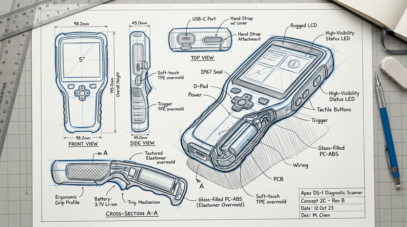Hand-drawn industrial design sketch of a handheld device on paper